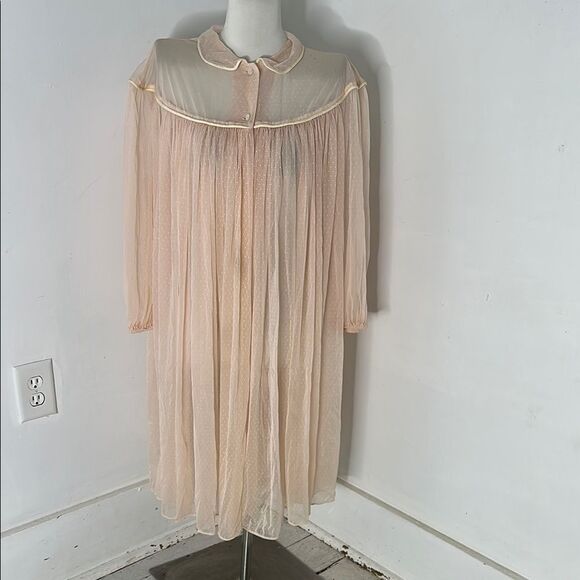 Vintage 60s Pink Polka Dot Chiffon Robe - Picture 1 of 7